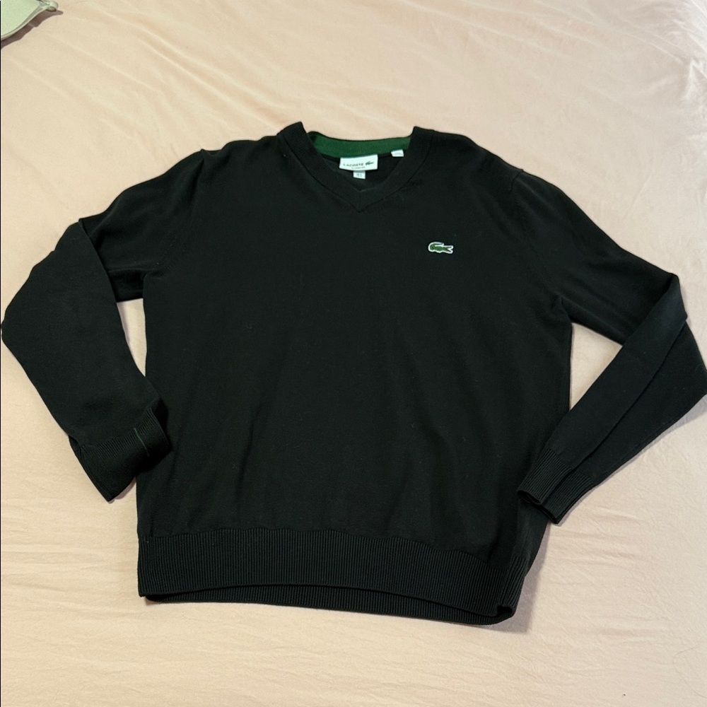 Lacoste Men's Black V-Neck Sweater with Green Logo